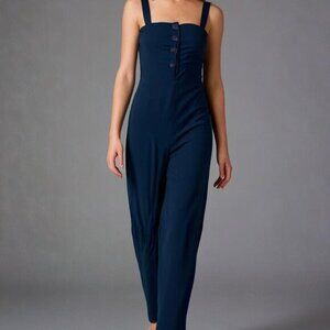 STAUD Button Up Square Neckline Dark Blue Jumpsuit